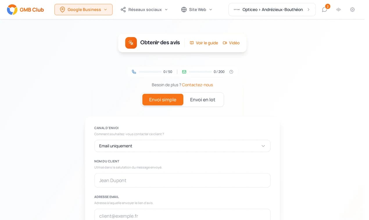Pantalla de GMB Club para pedir una reseña de Google por SMS o email a un cliente