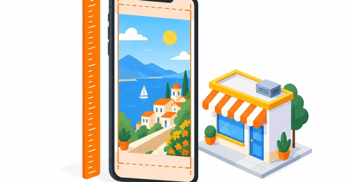 Illustrazione isometrica di uno smartphone alto con una storia verticale, un righello e una cornice che segna i margini sicuri, accanto a un piccolo negozio