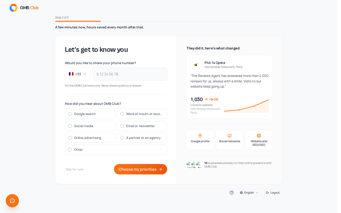 First screen of a new account: Let's get to know you
