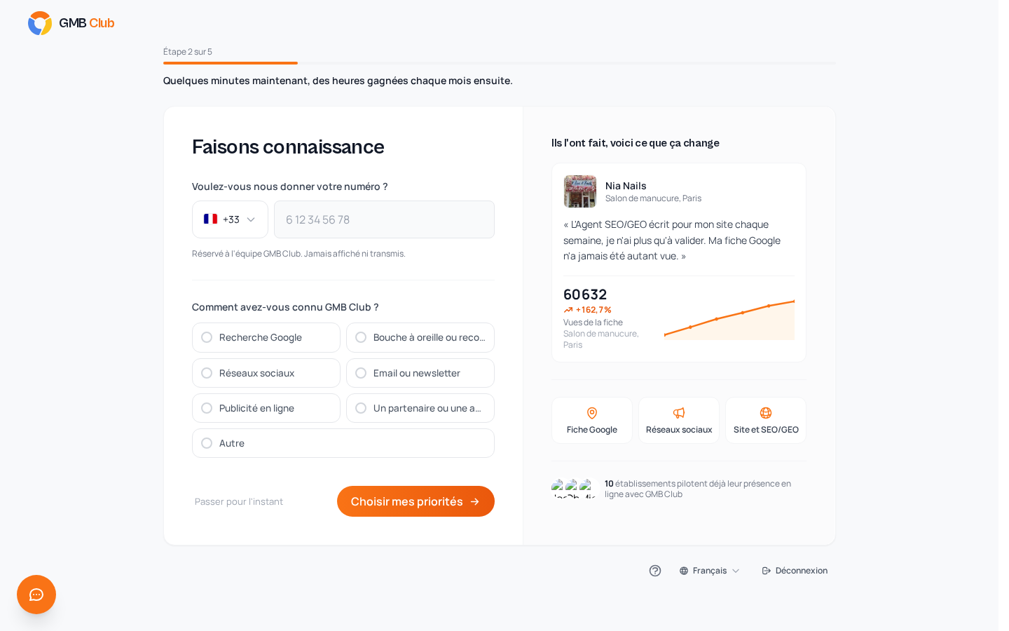 Premier écran d'un compte neuf : Faisons connaissance