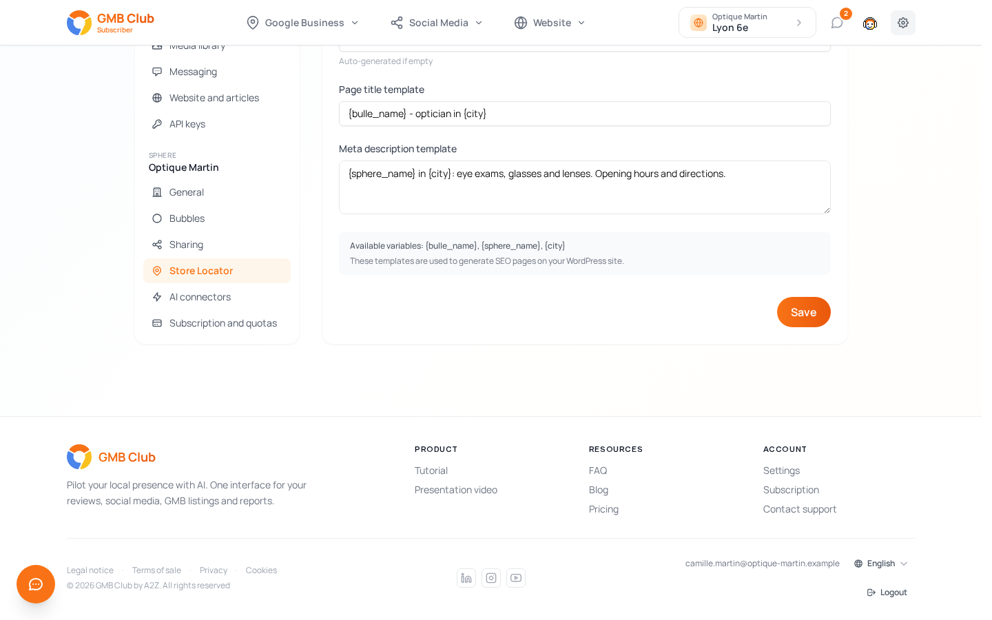 SEO tab, available variables and Save button