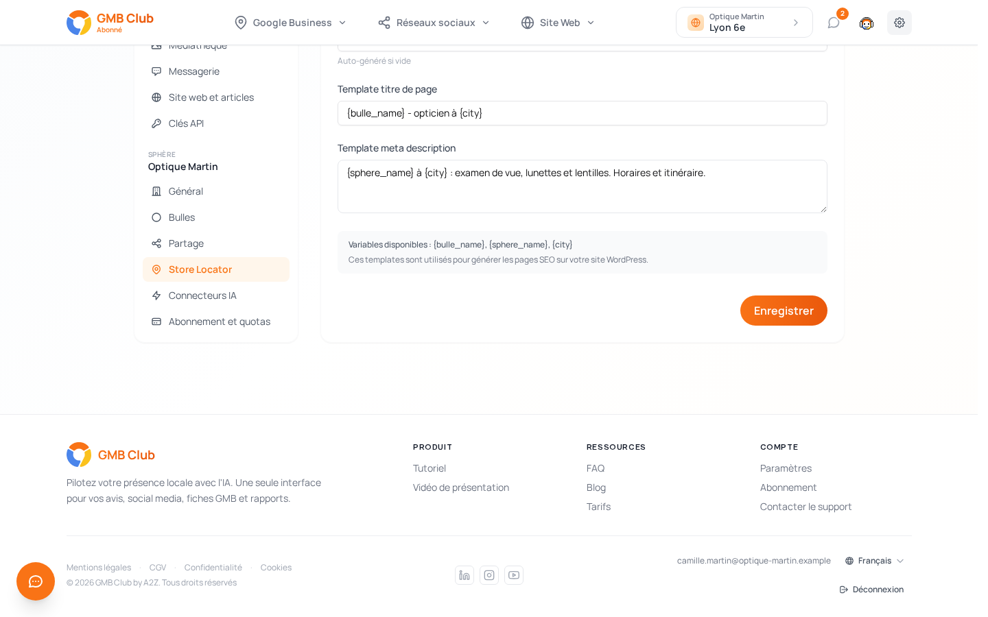 Onglet SEO, variables disponibles et bouton Enregistrer