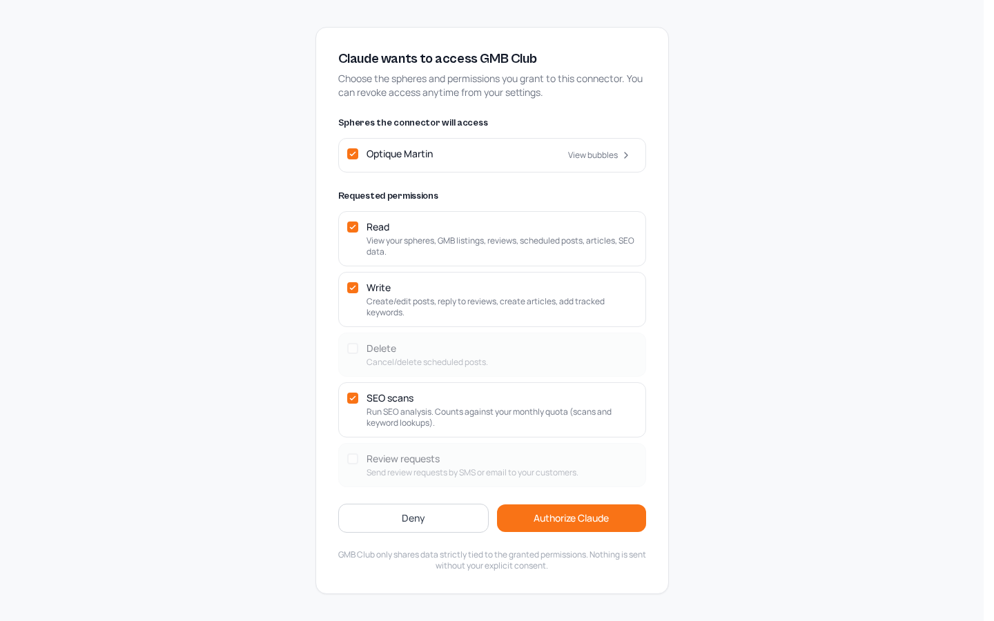 Consent screen: spheres and permissions granted to the assistant