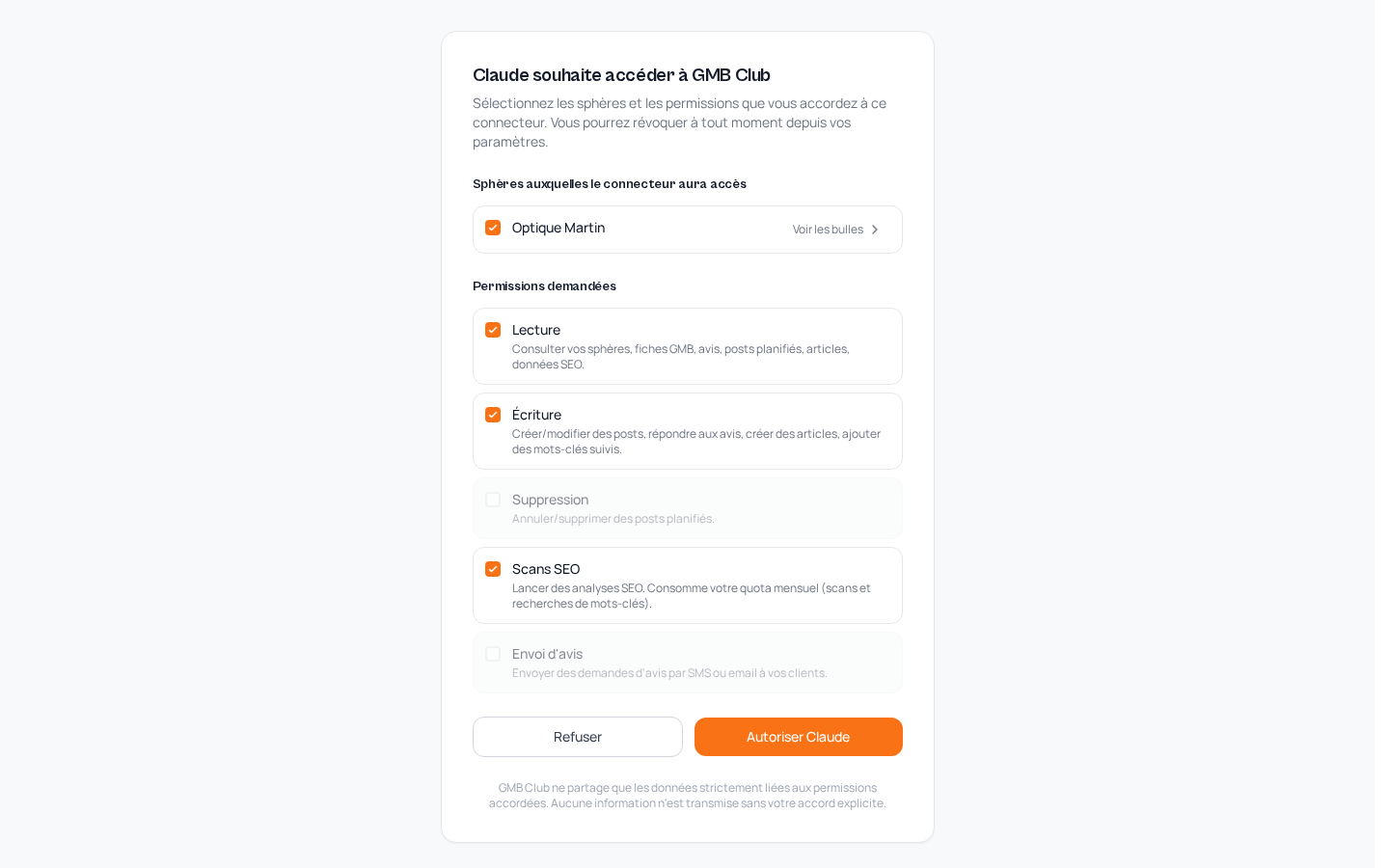 Écran de consentement : sphères et permissions accordées à l'assistant