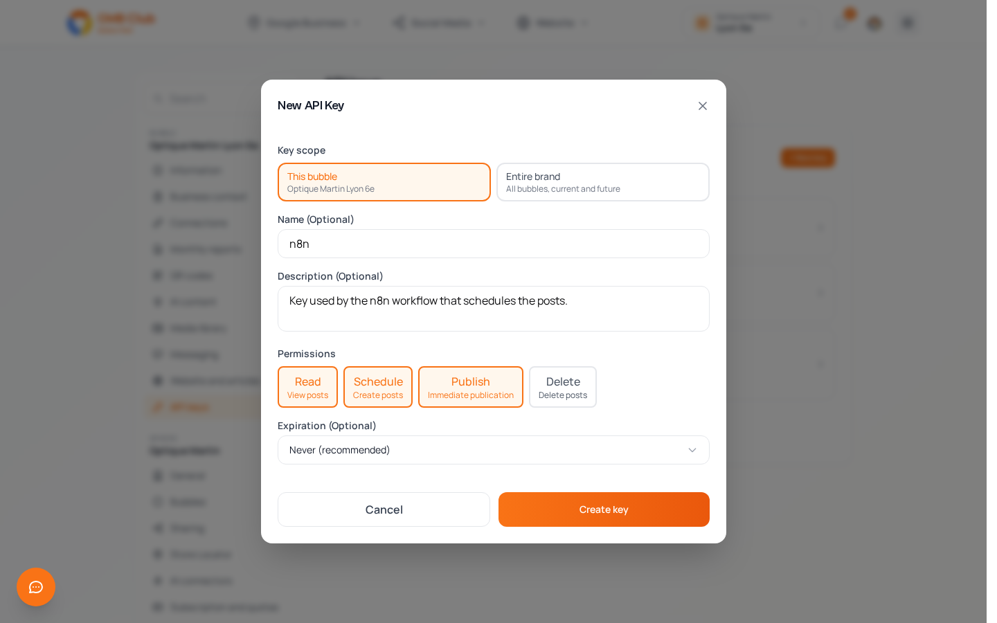 New API Key window: scope, name, permissions and expiration