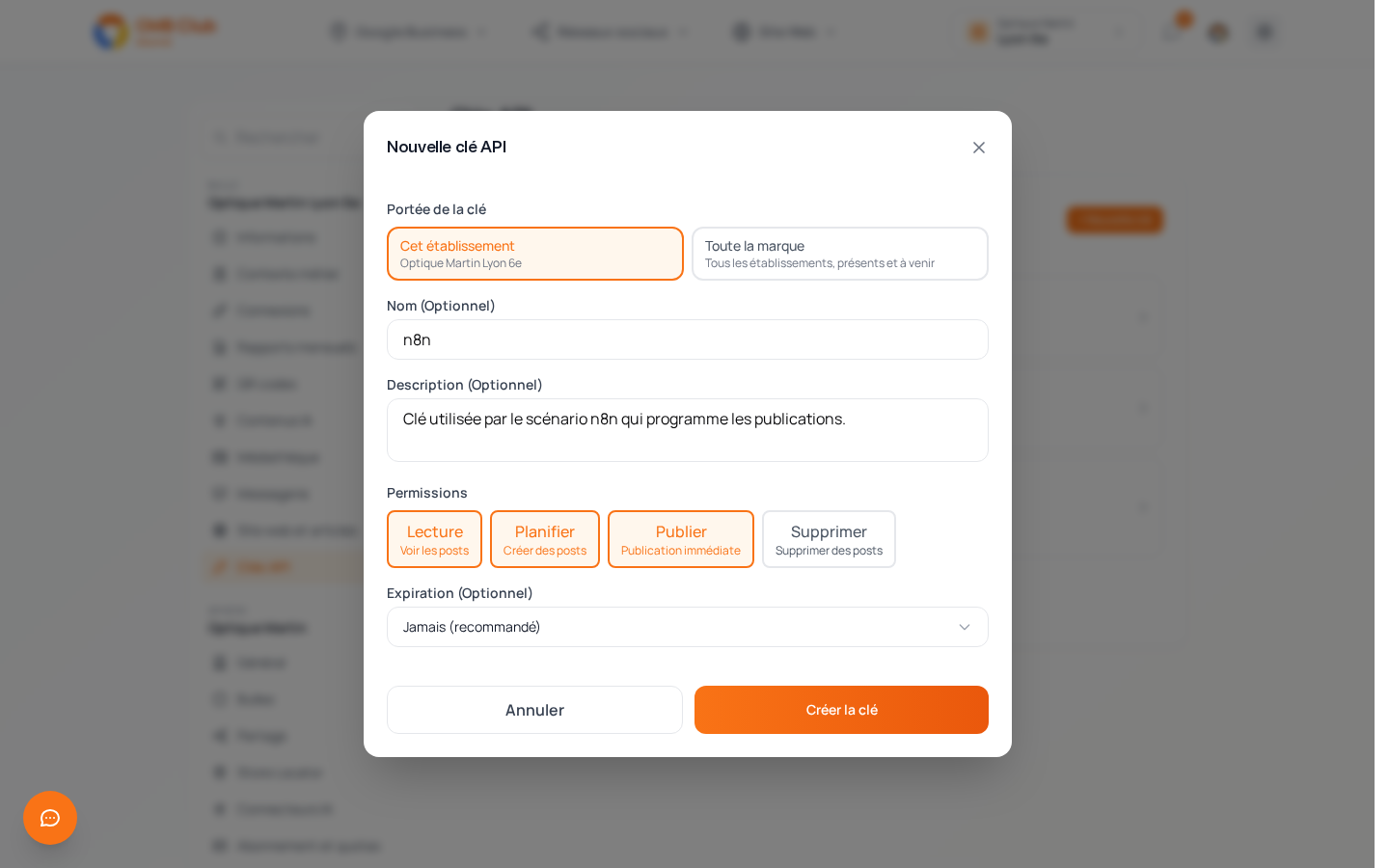 Fenêtre Nouvelle clé API : portée, nom, permissions et expiration