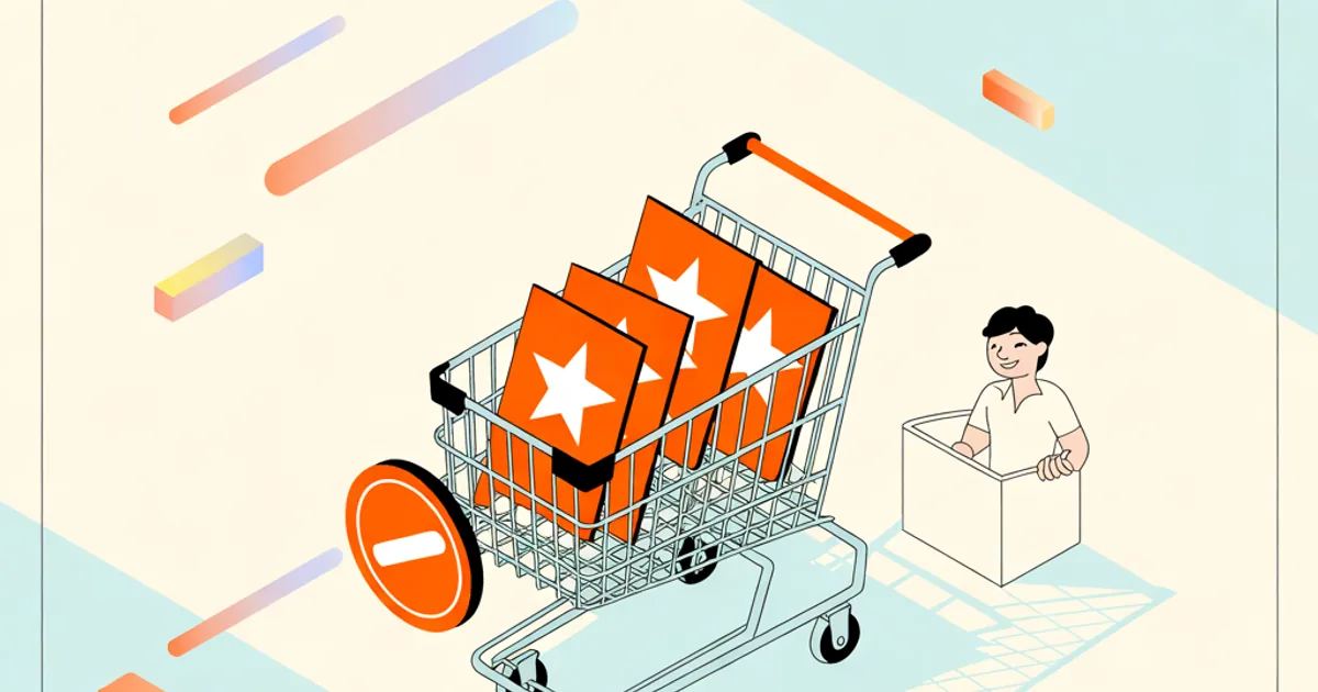 Illustration isométrique : un caddie rempli de cartes d'avis barré d'un panneau d'interdiction orange, et à côté un client qui remet un vrai avis cinq étoiles au comptoir d'une boutique