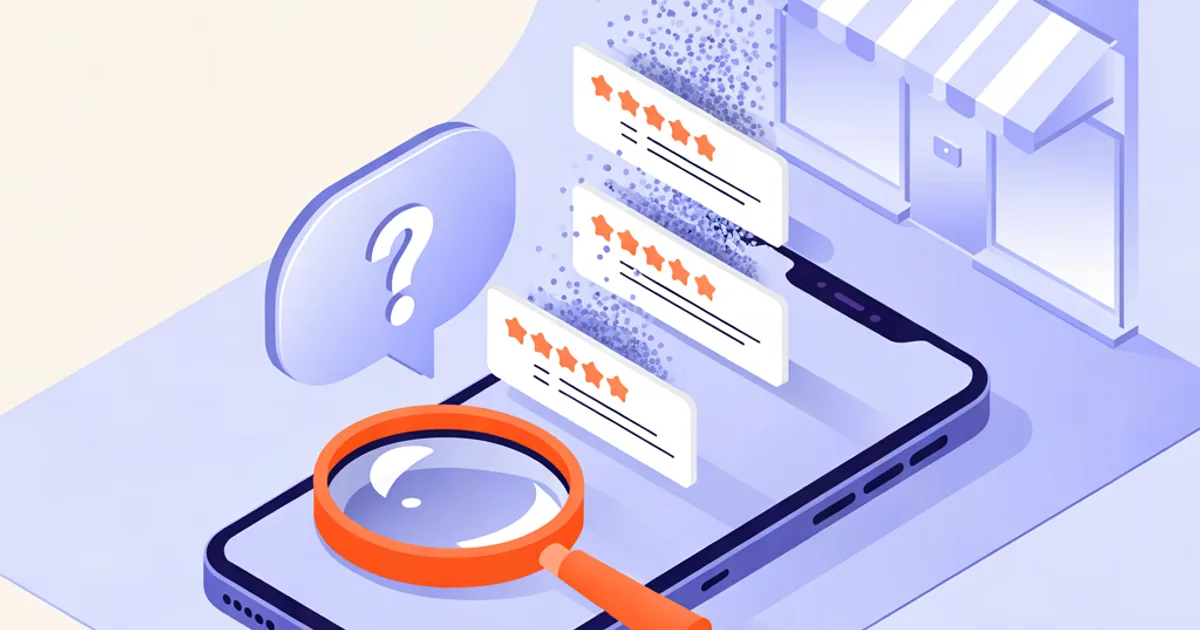 Illustration isométrique : un téléphone affiche une liste d'avis étoilés dont certains s'effacent en particules, avec une loupe et une bulle d'interrogation devant une boutique