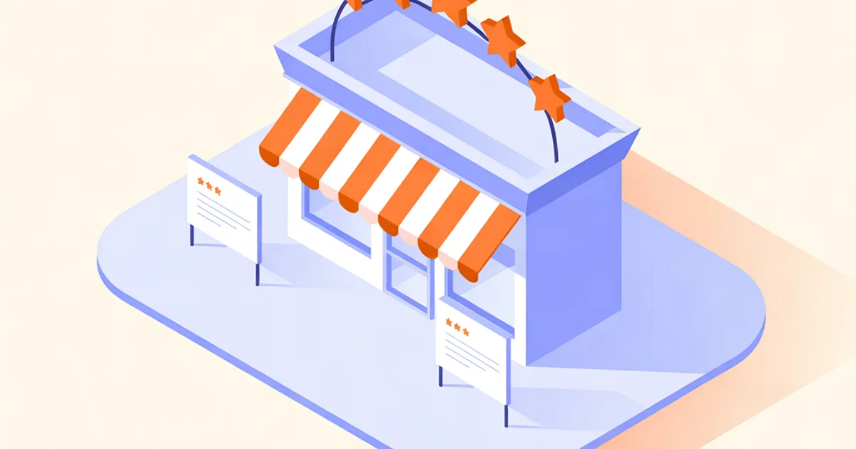 Illustration isométrique : cinq grandes étoiles orange au-dessus d'une boutique, entourées de cartes d'avis, d'un téléphone, d'une bulle de réponse et d'un petit graphique