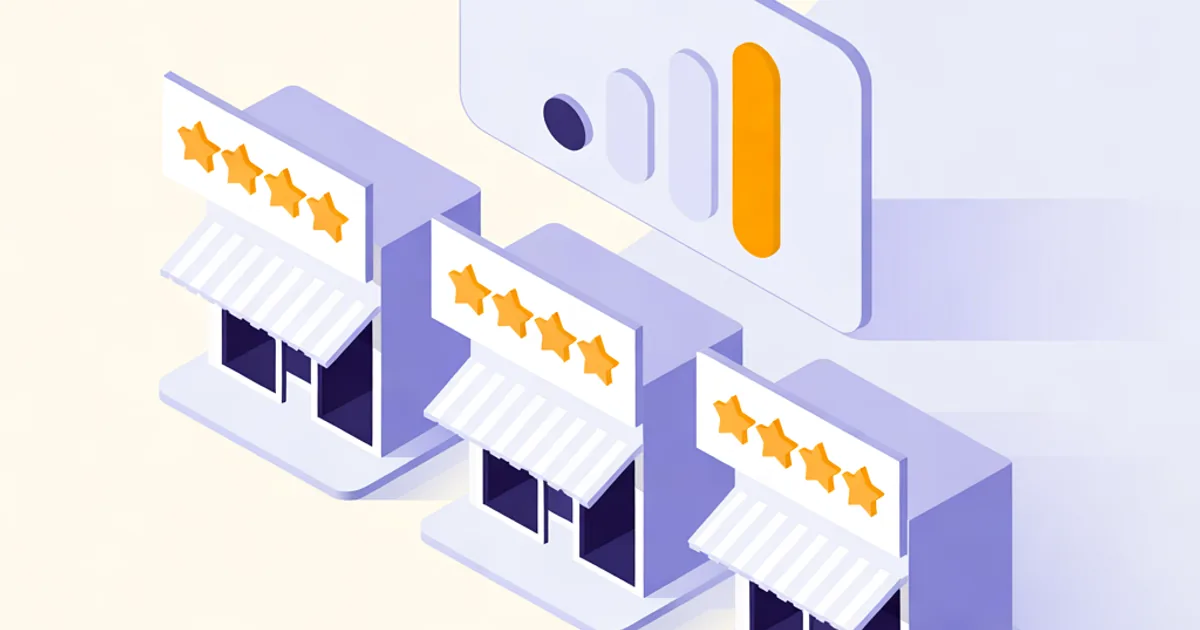 Illustration isométrique : trois boutiques côte à côte avec leurs cartes d'avis étoilés, sous un tableau de comparaison dont la colonne la plus basse est mise en orange