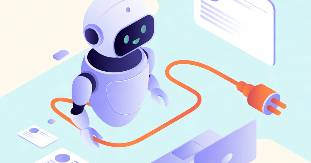 Illustration isométrique : un robot assistant relié par un câble orange à une fiche d'établissement et à un repère de carte, entouré de publications pour les réseaux sociaux