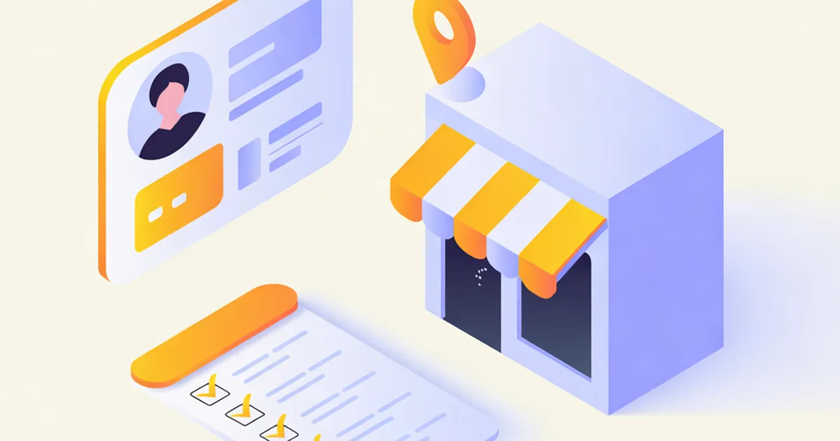 Illustration isométrique : une petite boutique en cours de construction, à côté d'une fiche d'établissement vierge avec photo, repère de carte et champs à remplir, et une liste d'étapes à cocher