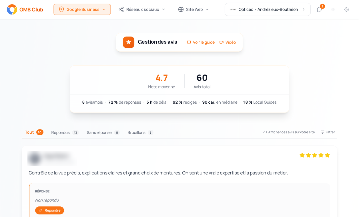 Écran de gestion des avis Google dans GMB Club : note moyenne 4,7 sur 60 avis, 72 % de réponses, avis classés par répondus, sans réponse et brouillons