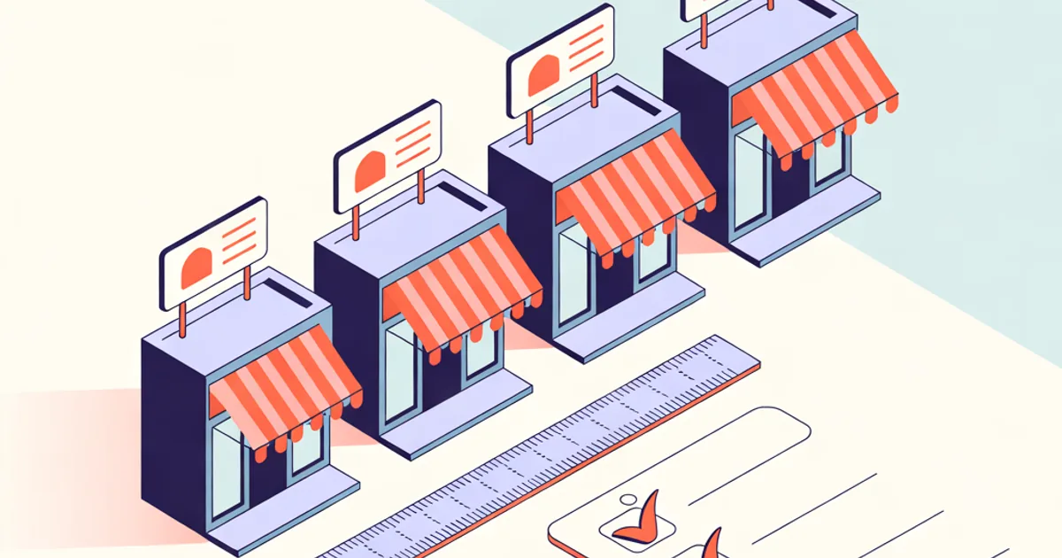 Illustration isométrique : des boutiques identiques alignées le long d'une règle, chacune avec sa fiche d'établissement, reliées en orange à un siège central, avec une liste de contrôle cochée