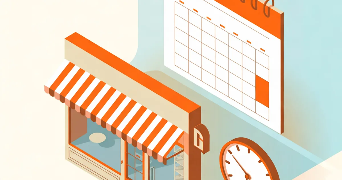 Illustration isométrique : une boutique sous une grande page de calendrier avec un jour marqué en orange, une horloge, une pancarte vierge sur la porte et une fiche d'horaires