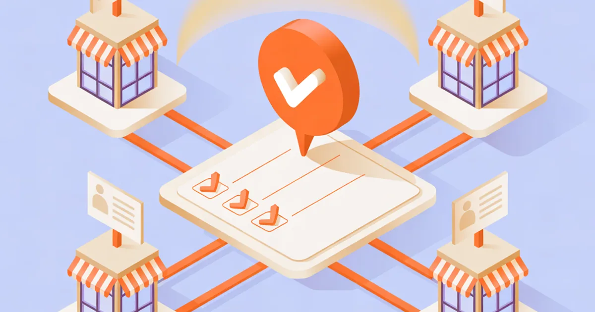 Illustration isométrique : une liste de validation au centre, reliée par des lignes orange à quatre boutiques, chacune avec une publication en attente, et une coche orange au-dessus