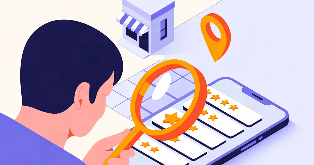 Illustration isométrique : une personne consulte sur un grand écran de téléphone la liste des avis étoilés d'une boutique, avec un repère de carte et une loupe